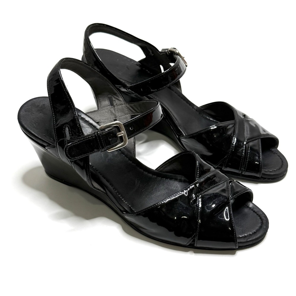 Stuart Weitzman Slingback Wedge Sandals 9M Black Patent Leather 3" Heels